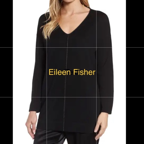 Eileen Fisher Metallic Trim Black Merino Wool V-neck oversized sweater XL NWT